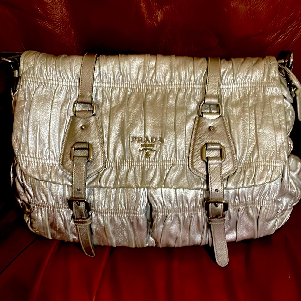 Prada, leather silver metallic carry-on bag